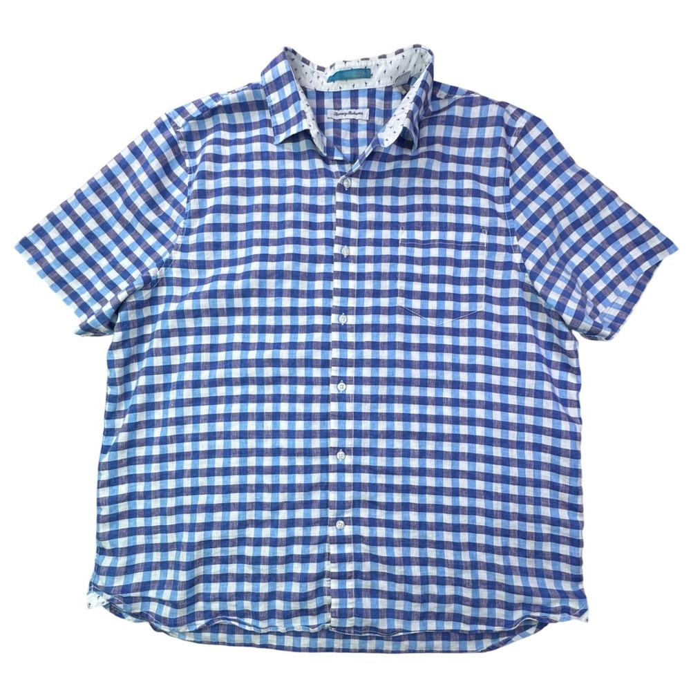 Tommy Bahama Mens XXL Linen Blend Gingham Short Sleeve Button Up Shirt Blue - Picture 2 of 8